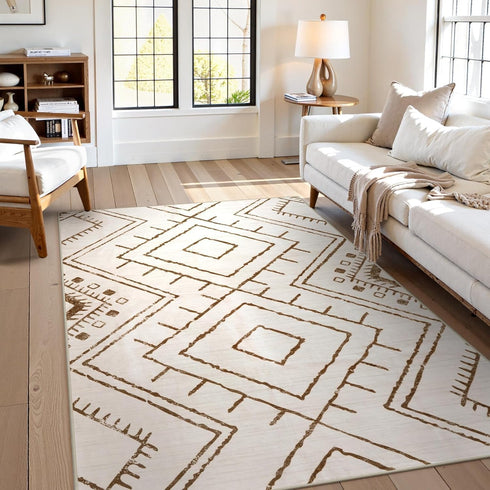 5x7 LIVEBOX Western Area Rug, Beige Washable Rugs for Living Room Bedroom, Non Slip Moroccan Tribal Rug Low Pile