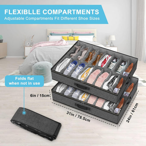 Closet, 32 Set 2 Under Bed Shoe Storage Organizer for Pairs Sturdy Underbed Shoe Storage Boxes Bins Container Foldable