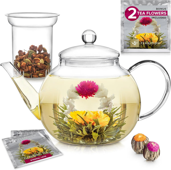 Teabloom Stovetop & Microwave Safe Glass Teapot with Removable Loose Tea Glass