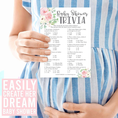 Hadley Designs Baby Shower Games for Girls, 25 Double-Sided Cards for 25 Guests, Baby Trivia and Find The Guest