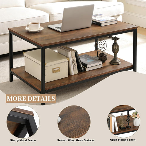 2-Tier SUPER DEAL Industrial Coffee Table with Storage Shelf for Small Apartment Living Room, Rectangle Wood and Stable