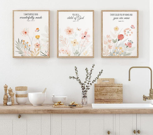 3pcs 12x16 Inch Framed Floral Wall Art Pieces, Christian Art, Bohemian Wall Decorations, Inspirational Bible Verse