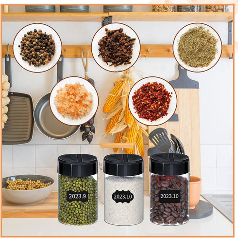 Uiifan 18 Pack 10 oz Spice Jars with Black Lids, Clear Plastic Spice Containers with Shaker Lids for Kitchen
