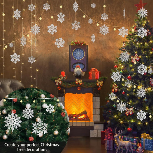 36pcs Snowflakes Christmas Tree Decorations - Plastic Glitter White Snow Flakes Ornaments for Indoor Winter Decor