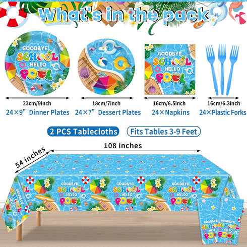 Set Summer 24 Goodbye School Hello Pool Tableware for Kids Class End of Schools Year Theme Supplies School's Out Plates