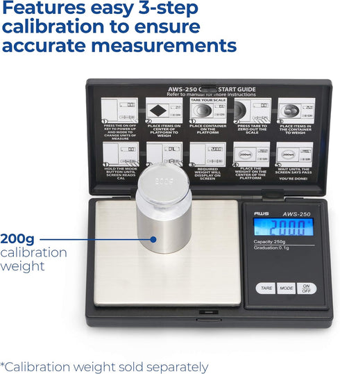 American Weigh Scales Series Digital Pocket Weight Scale, 250g x 0.1g, Black, AWS-250-BLK with Backlit LCD Display