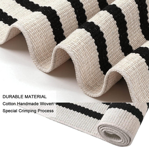 LEEVAN Black and White Striped Rug Doormat 24"x35", Washable Cotton Hand Woven for Entryway