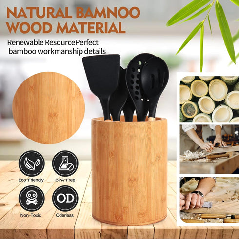 Bamboo Utensil Holder, Large Kitchen Counter Spoon and Chopstick Organizer, Flatware Storage for Countertop