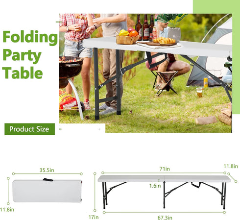 6Ft 6 Folding Tables Outdoor Dining Table, Portable Picnic Table Fold Up Lightweight Party Tables, Foot Bench Camping