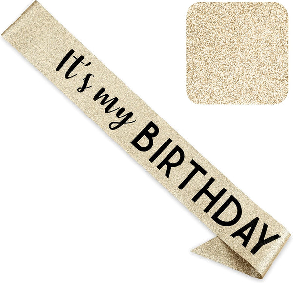 CORRURE 'It's My Birthday' Sash Glitter with Black Foil, Gold Glitter Birthday Sash for Women and Men, Happy Birthday
