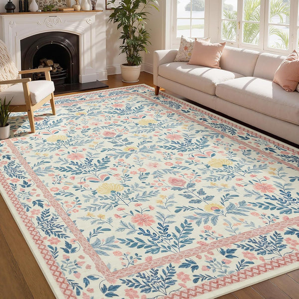 Joydeco Boho Floral Light Pink 5x7 Area Rugs for Bedroom Girls Playroom,