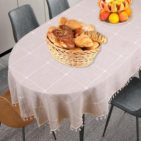 EPEDIC 52X70 Inch,Kitchen Oval Tablecloth with Embroidery Tassel Tablecloth, Coffee Color Plaid Oval Tablecloth Dining
