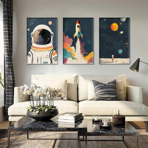 XLXARTQN 3Pcs Astronaut Wall art Nursery Space Adventure Posters Prints Rocketship Wall Decor Explore Dream Galaxy