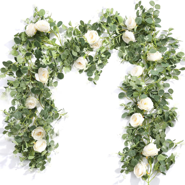 Der Rose 4 Pcs 13Ft Artificial Eucalyptus Flower Garland with Fake Silk Rose and Greenery for Decor