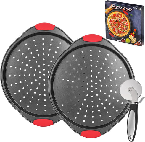 Non-Stick Pizza Pans, 2 PACK Round Trays for Oven, 13 Inch Baking Pan with Pizza Cutter and Silicone Handle