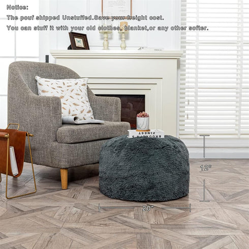 20x12 Fur Ottoman Stool Unstuffed Footstool Cover Floor Pouf NO Filler Foot Rest In Round Poof Seat Bean Bag Chair