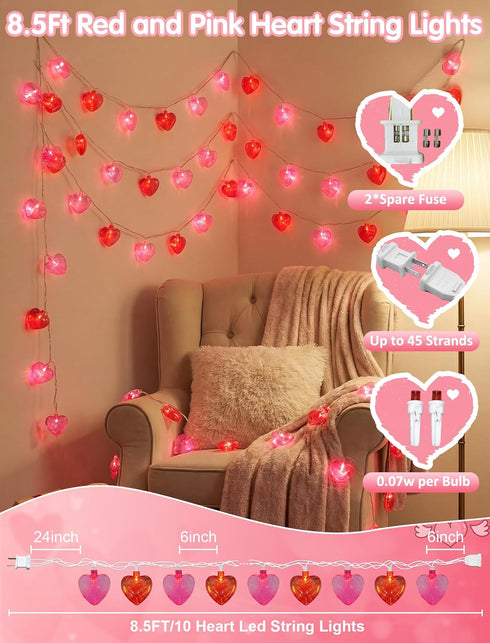 8.5FT 10 Oviejo Valentine Red & Pink Heart String Lights, Valentine's Day Decorations Lights with Red Heart