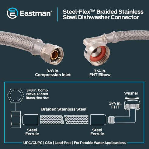 Eastman 6 Foot Dishwasher Supply Line, 3/8 Inch Compression x 3/4 Inch FHT Elbow, Braided Stainless Steel