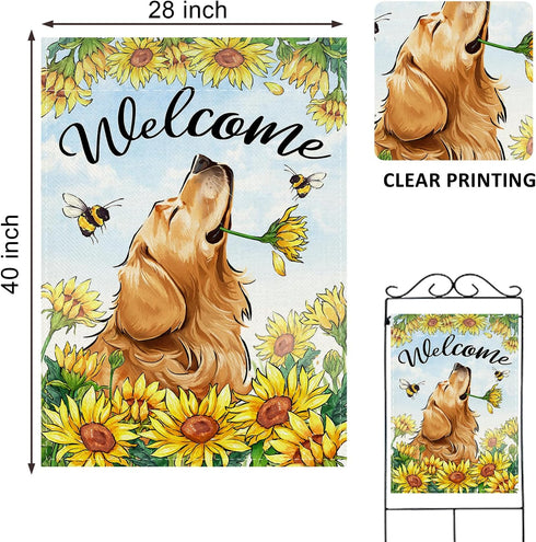 Welcome Spring Summer Golden Retriever Dog Decorative House Flag, Sunflowers Bee Garden Yard Outside Decorations, 28 x