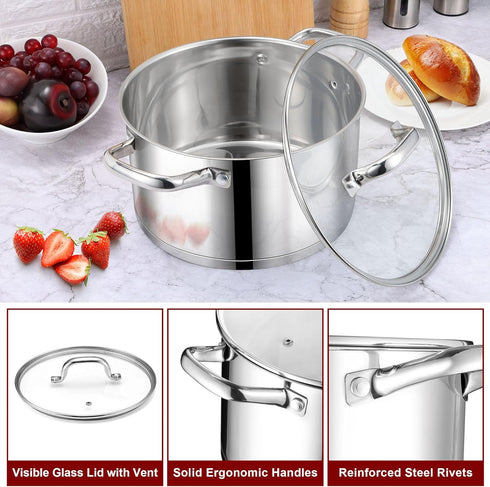 LIANYU 6 QT Stainless Steel Stock Pot, Tri-ply Base Cooking Pot with Glass Lid, Heavy Duty Non-toxic Cookware