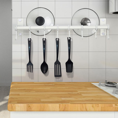 Dseap Pot Rack, Hanging Rack Rail with 8 Hooks, Wall Mounted Pot Hangers for Kitchen, White
