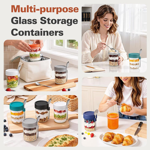 6 Pack 16 oz Overnight Oats Containers with Lids and Spoons, Airtight Oatmeal Container with Measurement Marks