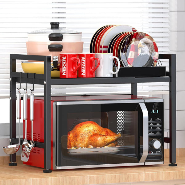 PUSDON Extendable Microwave Oven Rack, Adjustable Heavy Duty Kitchen Countertop Organizer, 2 Tier with 3 Hooks, Black