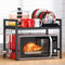 PUSDON Extendable Microwave Oven Rack, Adjustable Heavy Duty Kitchen Countertop Organizer, 2 Tier with 3 Hooks, Black