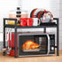 PUSDON Extendable Microwave Oven Rack, Adjustable Heavy Duty Kitchen Countertop Organizer, 2 Tier with 3 Hooks, Black