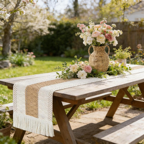 48 inches Boho Table Runner Short Long, Spring Coffee Table Cover, Brown Woven Macrame Dresser Runner Cover Top