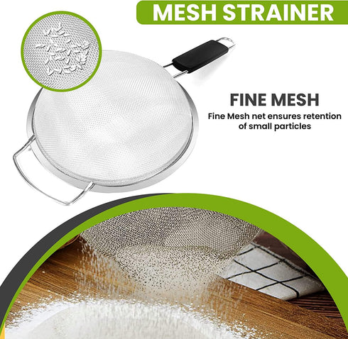 8" Large Fine Mesh Strainer with thermo plastic rubber handle - Sieve Fine Mesh Stainless Steel - Ideal to Strain
