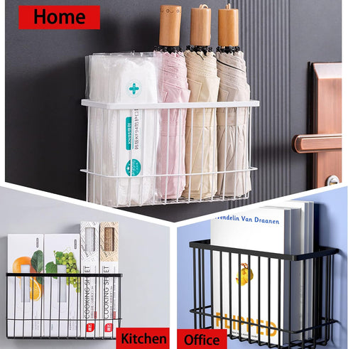 Magnetic Basket Organizer Shelf Rack for Refrigerator, Office File, Plastic Food Wrap Holder with Hooks, Black