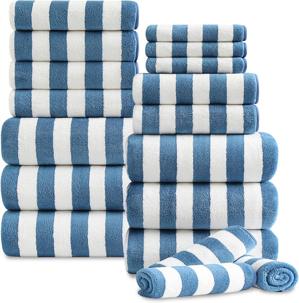 18 Pcs Navy Stripe Bath Towel Set with Hanging Loop-6 Bath Towels,6