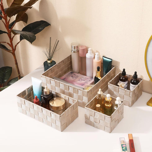 Drawer Organizer Bins, Woven Storage Stackable Box Set of 4 for Organizing Drawers, Shelves, Cabinets