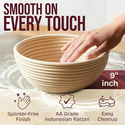 2 9" Superbaking pcs Banneton Bread Proofing Basket, Splinter-Free Round Rattan Bread Basket with Liners, Sourdough