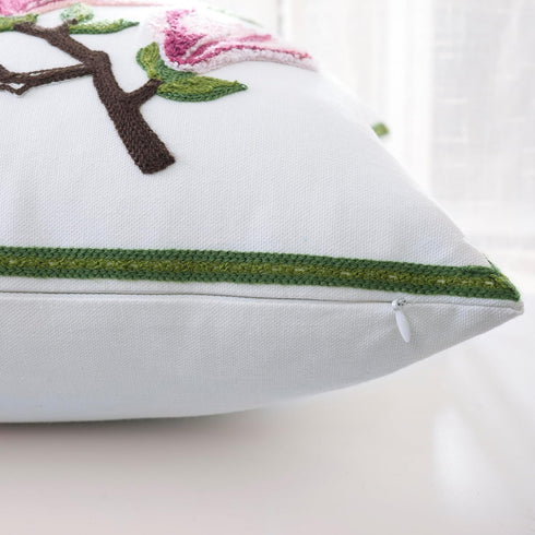 Embroidered Throw Pillow Covers 18x18 Inch Set of 2, Pink Magnolia Flower Spring Pillowcases for Living Room