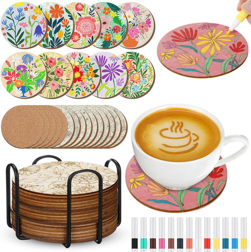 Reallnaive 45 Pcs Flower Wooden Coasters Painting Kit, 4 Inch Paint Your Own