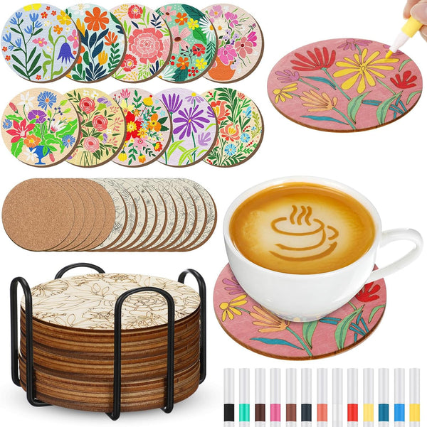 Reallnaive 45 Pcs Flower Wooden Coasters Painting Kit, 4 Inch Paint Your Own