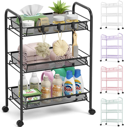 TOOLF 3-Tier Metal Rolling Cart, Mesh Wire Easy Assemble Utility Cart, Storage
