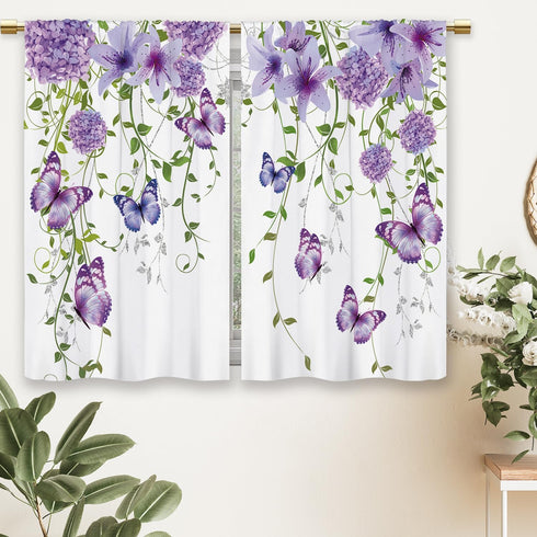 Purple Floral Butterfly Kitchen Curtains, Rustic Flower Small Short Cafe Window Drapes, 27.5x39 Inch