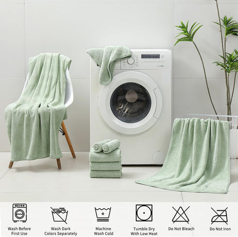 18 Set-6 Sheets,6 Towels,6 Set Pcs Green Woven Family Towels Bath Hand Washcloths Soft Polyester Towels Absorbent