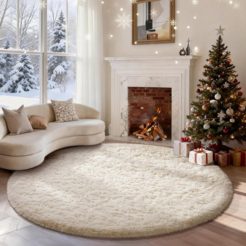 Ophanie Round Rugs 6Ft Ivory Circle Area Rug, Aesthetic Room Decor, Fluffy