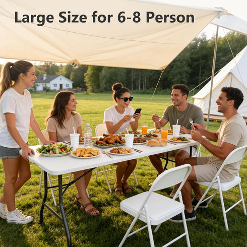 6 Folding Table, FT Foldable Plastic Table with Carrying Handle, Heavy Duty Portable Fold-in-Half Utility Table