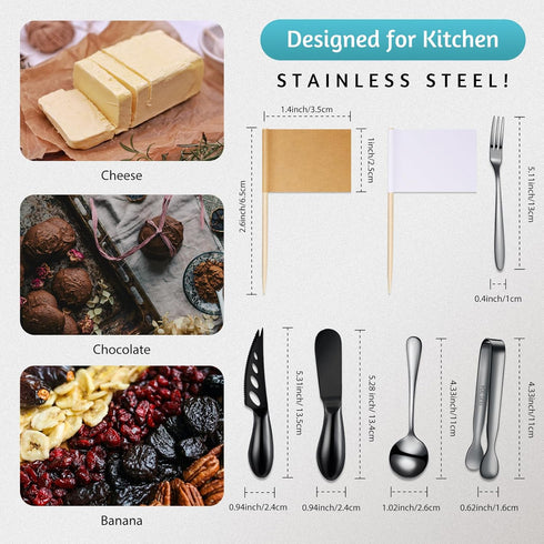 Charcuterie Board Accessories Cheese Spreader Knife Set Cheese Butter Knife Stainless Steel Mini Serving Tongs Spoons Appetizer Forks for Pastry Christmas (Black,18 Pieces) by Patelai