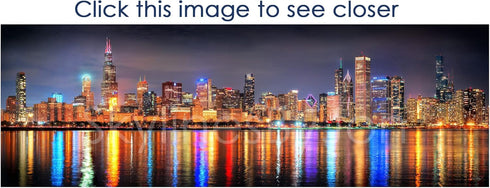 Chicago Skyline 2022 Night Photo Poster Print, BORDERLESS UNFRAMED, Color Downtown, 11.75 x 36 inches