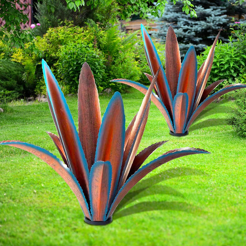 Wind Resistant Metal Agave Garden Art, Outdoor Sculpture Statue, Courtyard Lawn Ornament Gift (1, 12 Leaves, Blue)