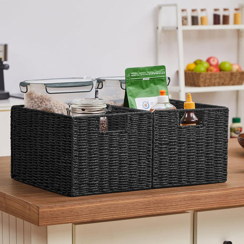 Vagusicc Wicker Basket, Set of 2 Woven Paper Rope Storage Bins with Handles, Foldable Large Cube Organizers in Black