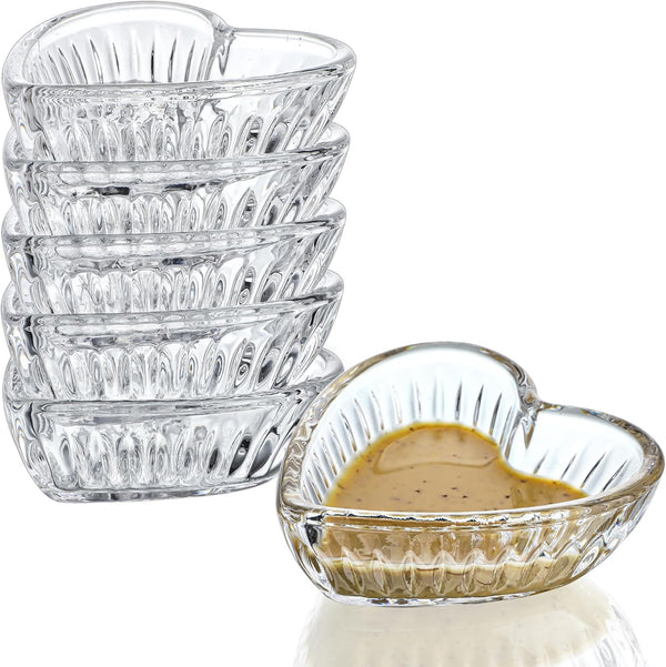 Set of 6 Stackable 2oz Glass Prep Bowls, Mini Heart-shaped Glass Dip Bowls for Kitchen, Microwave & Dishwasher Safe