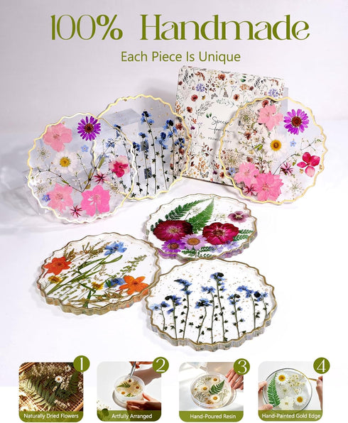 Oqplog Women,1 Resin Drink Coaster for Desk Coffee Table-Pink White Cute Dried Flowers Cup Coaster for Work Office Home
