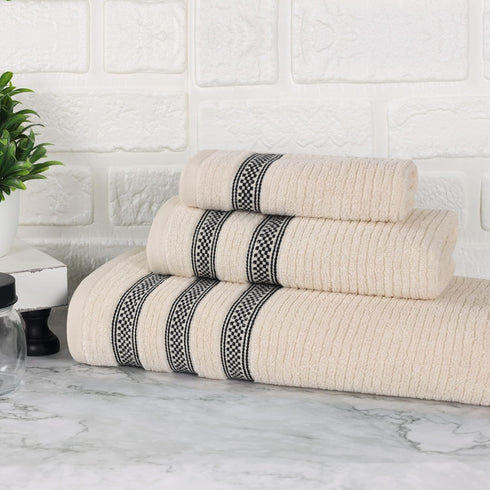 3-Piece Set, 1 1 1 Superior Cotton Towel Zero Twist, Ribbed Geometric, Bathroom Essentials, Shower, Spa, Luxury Plush